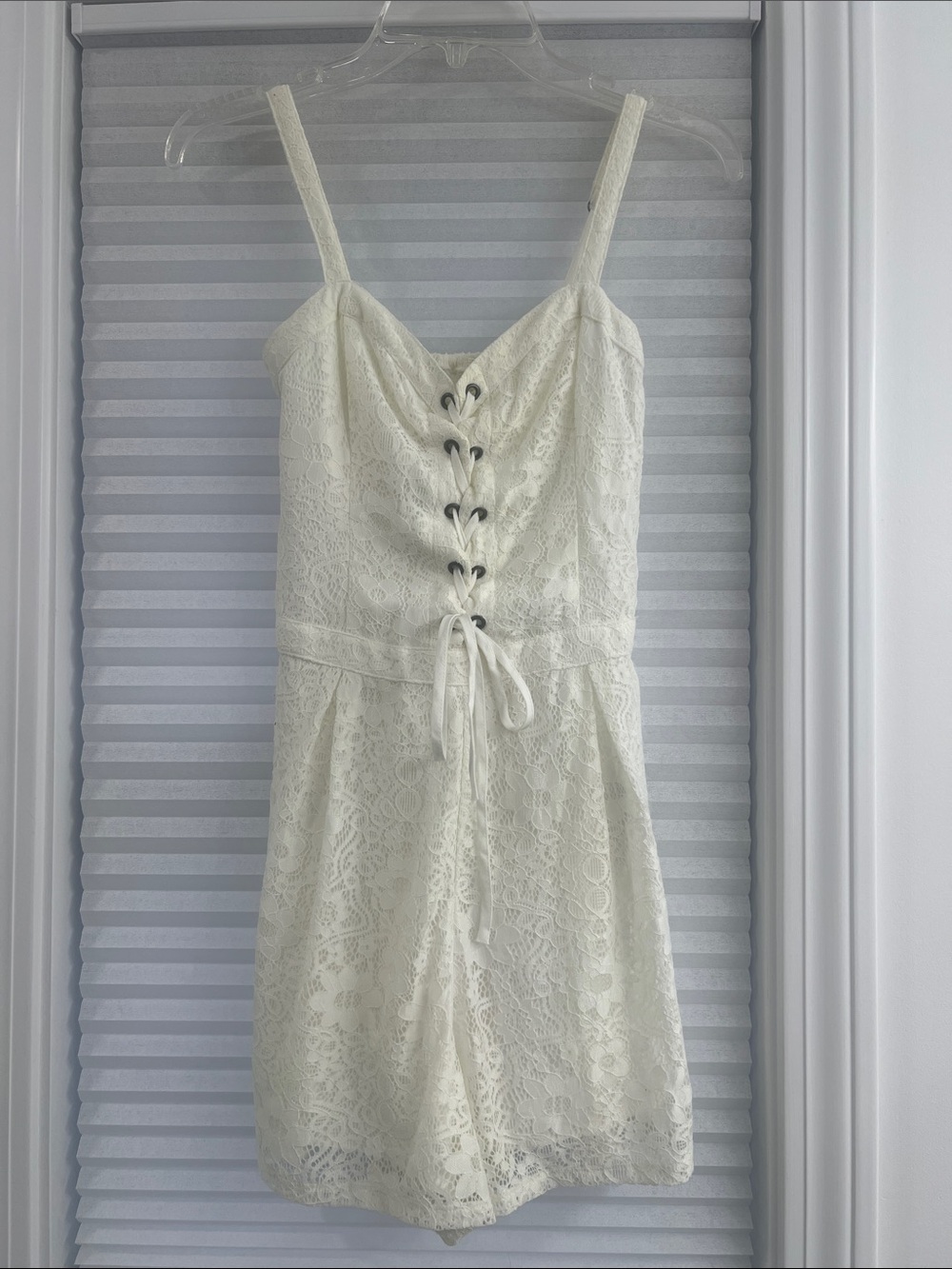 Hollister Cream Lace Sleeveless Romper with Lace-Up Front